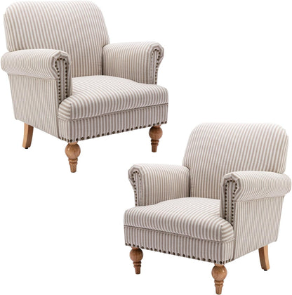 chairus Linen Accent Chair for Living Room Set of 2 Upholstered Mid Century Modern Single Sofa Chair with Solid Wood Legs Comfy Reading Chair Armchair for Bedroom/Office/Recption/Lounge, Khaki Stripe