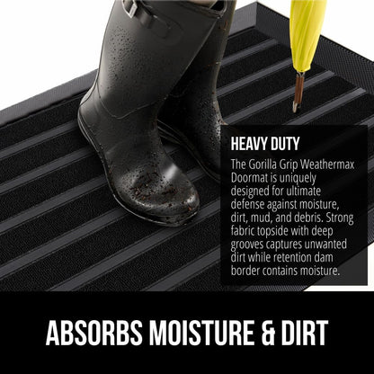 GORILLA GRIP 100% Waterproof All-Season WeatherMax Doormat US Designed Natural Rubber, Stain and Fade Resistant, Low Profile Indoor Outdoor Door Mats, Easy Clean Patio Mat, 23x35, Black Stripe