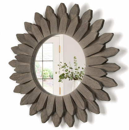 Honiway Farmhouse Wall Decor Mirror 12 inch Sunburst Boho Wood Mirror Rustic Home Decor Room Decoration for Bedroom Living Room Weathered Grey