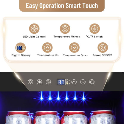 15 Inch Beverage Refrigerator, 130 Can Capacity Under Counter Fridge with Lock & Glass Door, Quiet Built-in or Freestanding Beer Cooler, Powerful Compressor for Fast Cooling