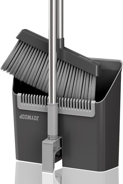 JOYMOOP Black Broom and Dustpan Set, Upright Angle Design with Built-in Comb Teeth for Home, Office, Hardwood Floors, Pet Hair