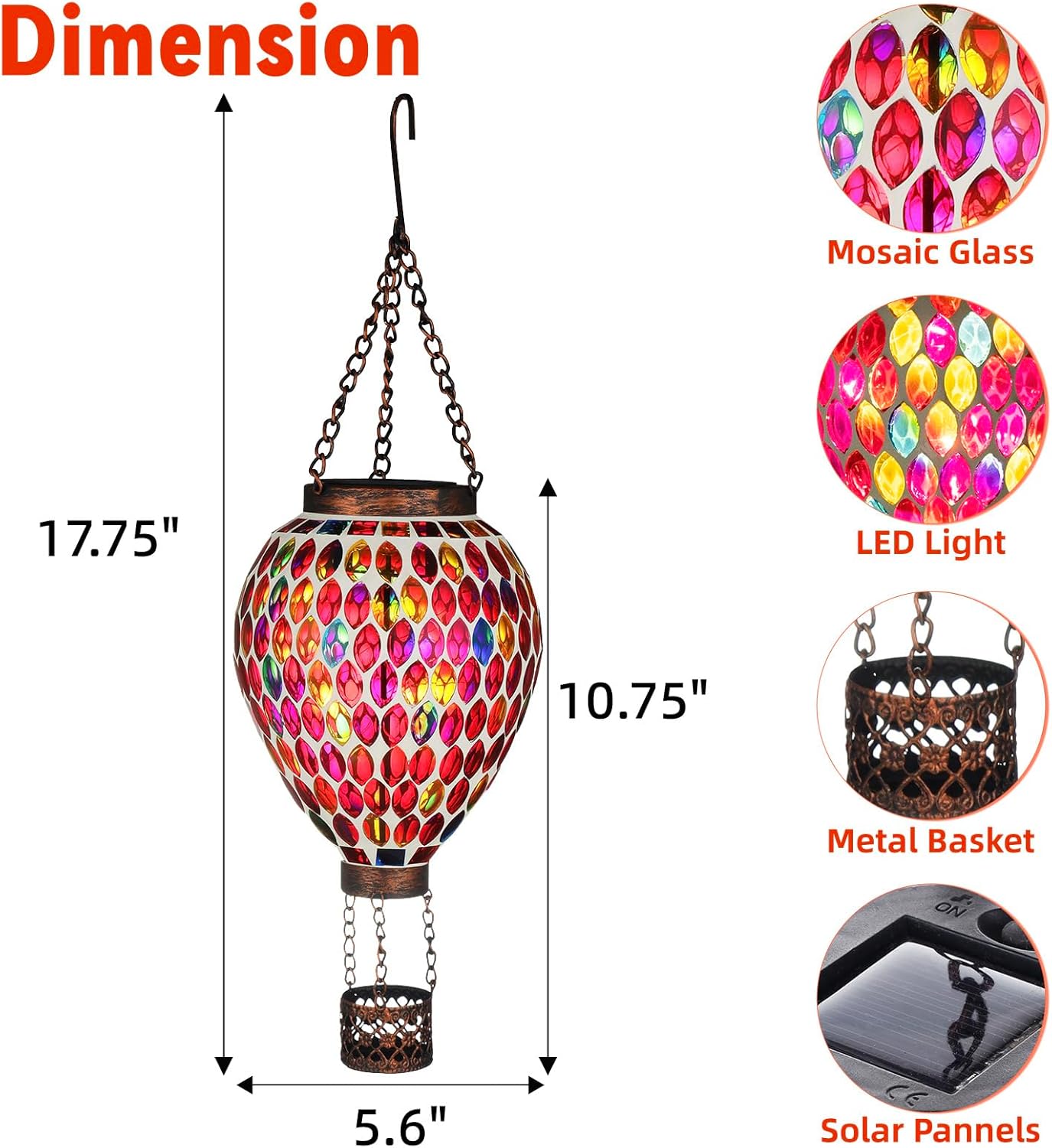 VOREEN Hot Air Balloon Solar Lantern, Mosaic Solar Outdoor Hanging Wind Light, Waterproof, Patio Festive Decor, Gift for Mom Wife Friend, Red