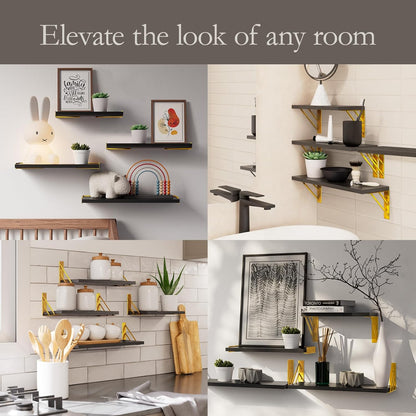 BAYKA Floating Shelves for Bedroom Decor, Wall Shelves for Storage, Wall Mounted Rustic Wood Floating Shelf for Books,Corner Shelf for Bathroom,Kitchen,Living Room(Black and Gold，Set of 4)