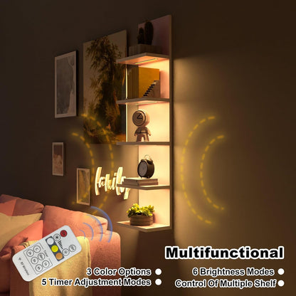 5 Tier Wall Shelf Unit,Modern Vertical Lack Wall Shelves with Light, Wall Mount, Floating Column Home Decor Shelves for Bedroom, Living Room, Vanity Storage Display(Pink)