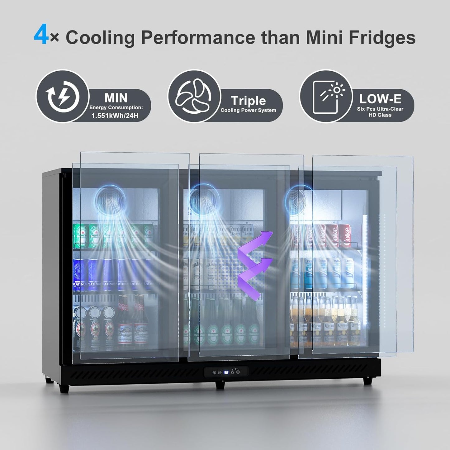 COTLIN 12.45 Cu.Ft Back Bar Beverage Cooler with Low-E Glass Auto Defrost ??3 Door Commercial Under Counter Fridge for Beer, Soda, Wine??Triple Fan Cooling, ETL NSF Approved
