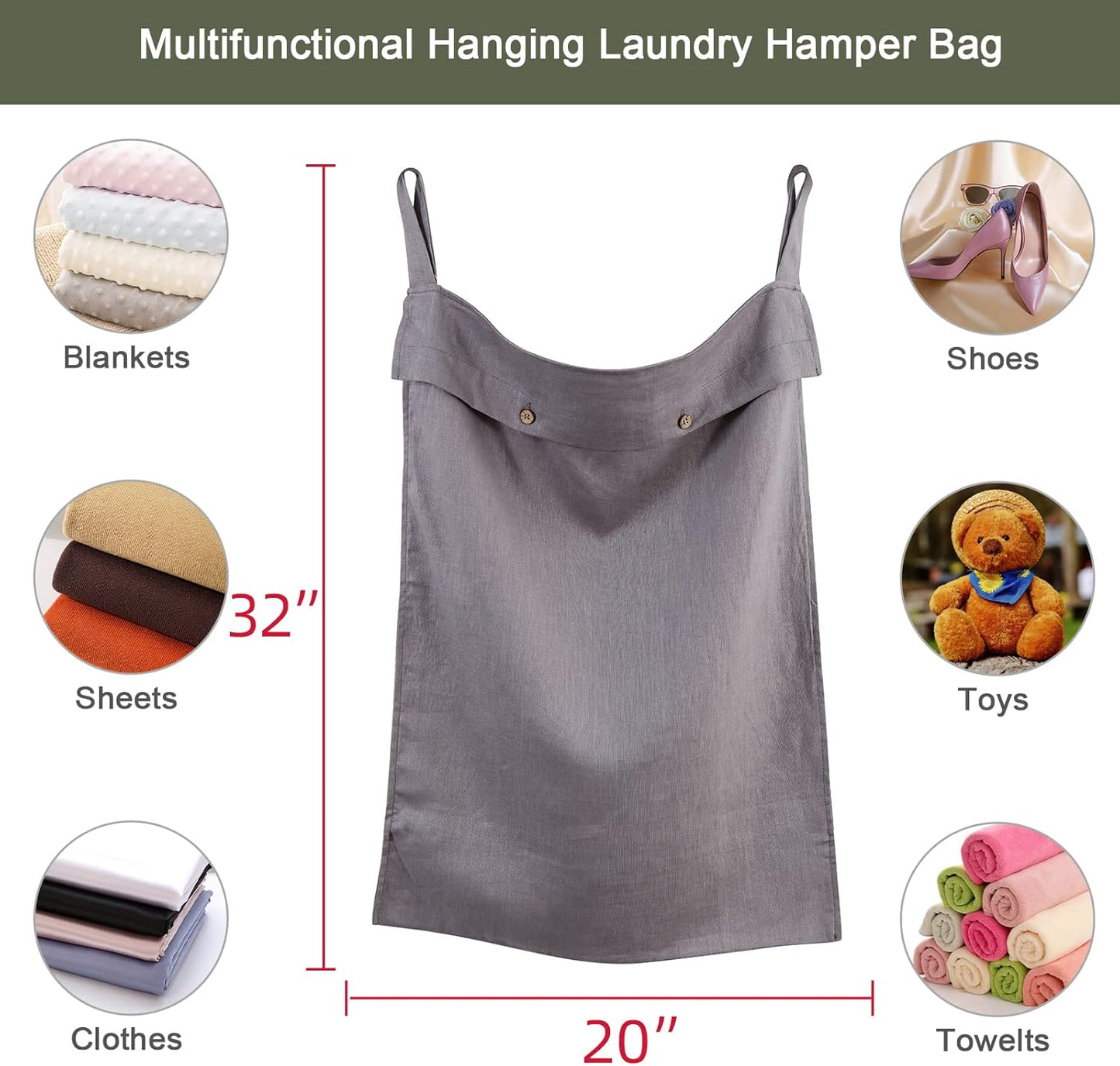 Linen Hanging Laundry Bag, 100% Linen Over The Door Laundry Hamper with Buttons and Zipper, Space Saving Door Hampers for Laundry Dirty Clothes Home Travel, Grey