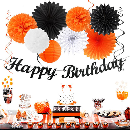 Black-White Orange Halloween Birthday Party-Decorations - 21pcs Happy Banner,Paper Lanterns Honeycomb,Tissue Pom Poms Flower Fan,Kids Classroom Hanging Streamers Garland Decor Supplies Huglony