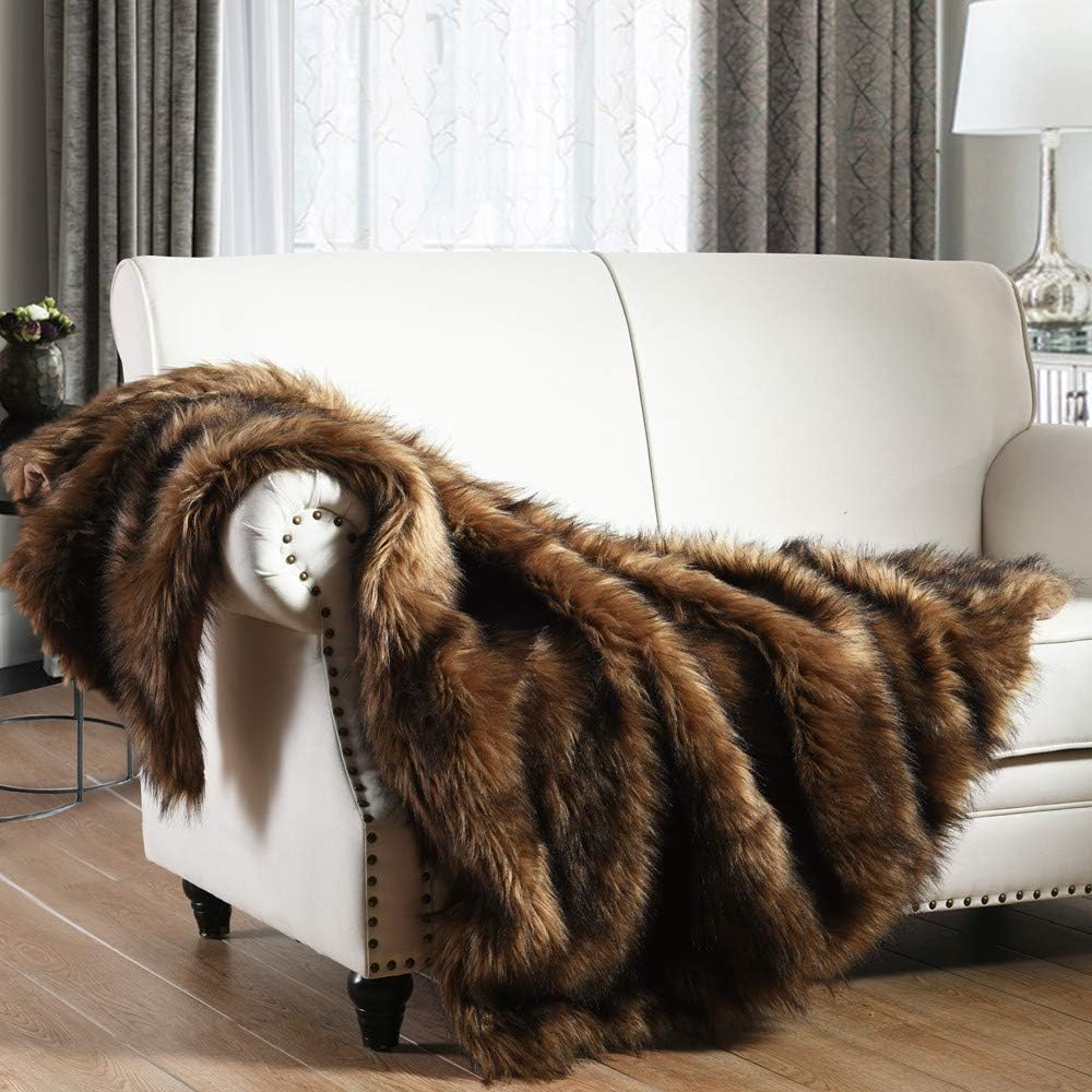 Luxury Plush Faux Fur Throw Blanket, Long Pile Brown with Black Tipped Blanket, Super Warm, Fuzzy, Elegant, Fluffy Decoration Blanket Scarf for Sofa, Armchair, Couch and Bed, 60''x 80''