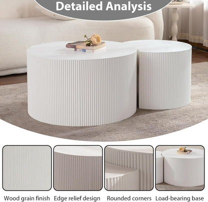 Round Nesting Coffee Table Set of 2 Handcraft Circle Fluted Nesting Coffee Tables Circular Side Table Drum Accent End Tables for Living Room Bedroom (White B Small)
