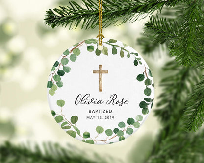 Andaz Press Personalized Baptism Ornament 2025, Round Ceramic Porcelain Baptism Christmas Ornament, Olivia Rose Carter Baptized May 1, 2025, Farmhouse Eucalyptus Wreath, 1-Pack Custom