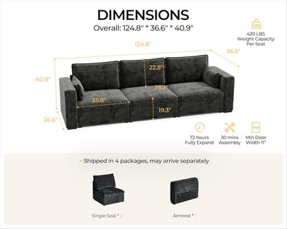 124.8'' Oversized Modular Sofa Comfy Cloud Couch with Storage, Extra Wide Sectional Sofa for Living Room, Covers Washable, 3-Seater, Chenille, Black