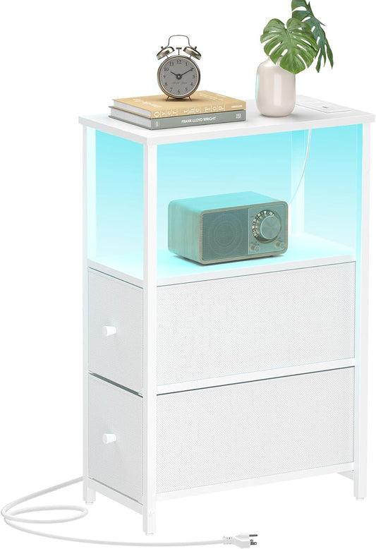 TUTOTAK Small Narrow LED End Table with Charging Station, Side Table Outlets, Nightstand with 2