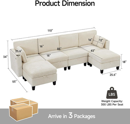 110" Modular Sectional Sofa, Convertible Sleeper Sofa Couch Bed with Adjustable Backrest, U-Shaped Chenille Cloud Couch with Ottoman Storage, Deep Seat Couches for Living Room,Beige