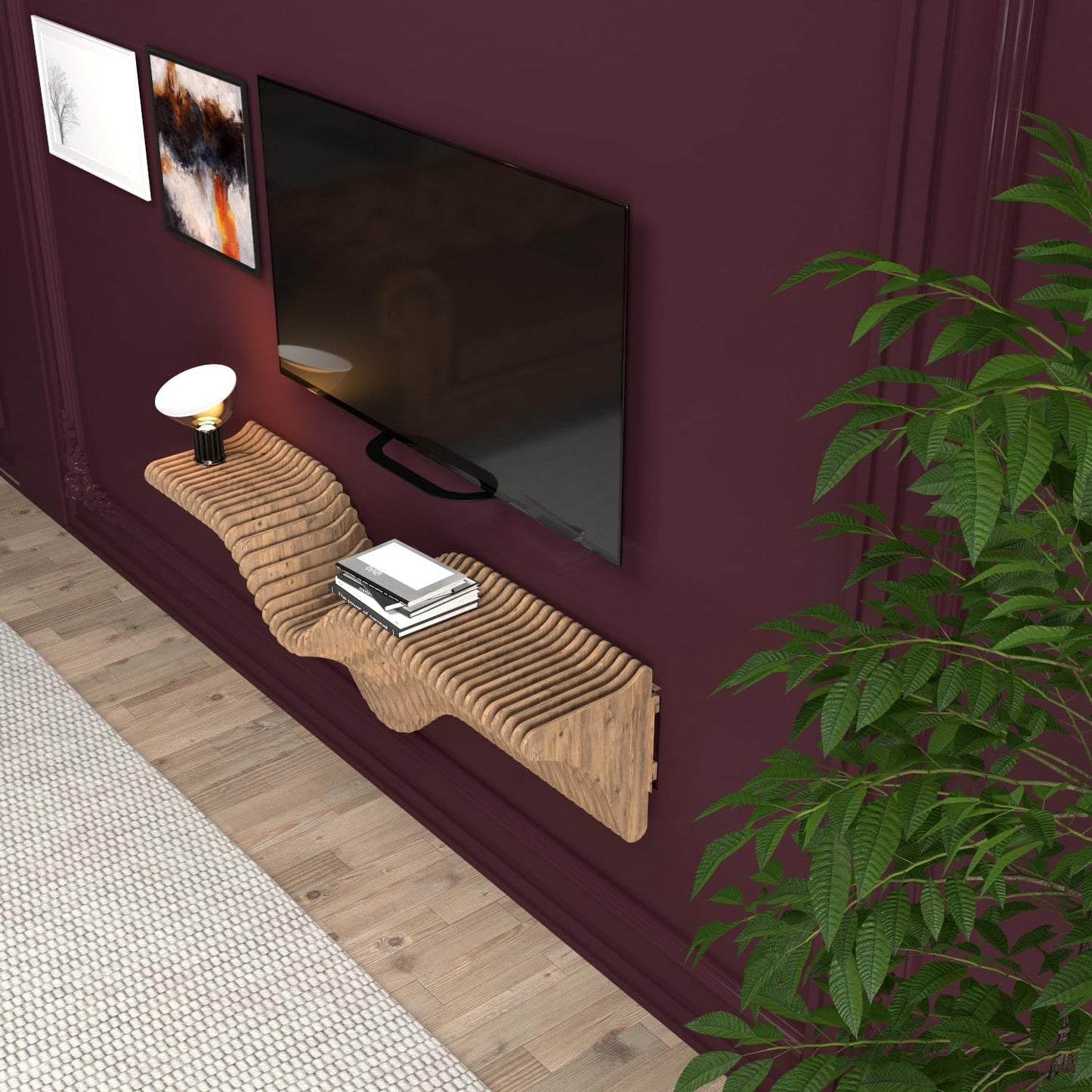 Parametrics 40 inch Floating Shelf TV Unit Modern Geometric Wooden Wall Piece Decor Natural Oak Color 3D Wavy Living and Gaming Room Shelf