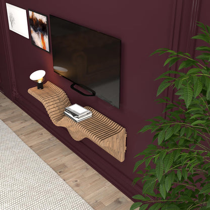 Parametrics 40 inch Floating Shelf TV Unit Modern Geometric Wooden Wall Piece Decor Natural Oak Color 3D Wavy Living and Gaming Room Shelf