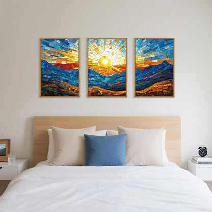 Mountains Framed Canvas Wall Art Set, Modern Abstract Art Painting, Irregular Square Ridge Wall Decor, Sunrise Art Print for Living Room, Bathroom, Bedroom, Office - 16"x24"x3