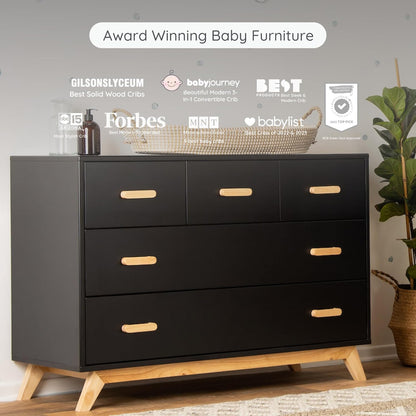 dadada Soho 5-Drawer Dresser for Nursery and Bedroom - Modern Design, Large Storage, Baby-Safe Finish, Soft Close Drawers, Anti-Tip Safety, Sturdy Legs & Solid Wood Handles, 47” Wide (Black+Natural)