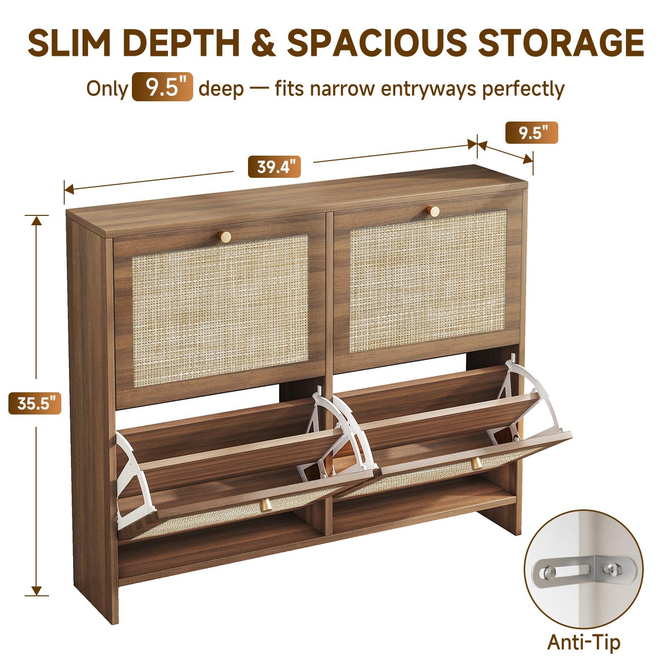 Nicetree Shoe Cabinet Storage for Entryway, 4-Flip Drawer Narrow Shoe Rack with Adjustable Shelves