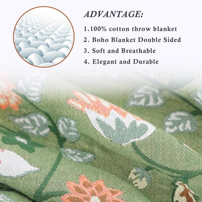 Snycler Boho Throw Blanket for Bed - 100% Cotton Ultra Soft Rustic Quilt Green Blanket - Floral Printed Farmhouse Decor Bed Blankets, 80"×90" All Season Rustic Throw for Sofa Couch Chair