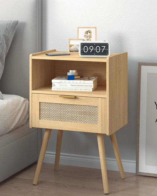 Rattan Nightstand,Modern Bedside Table with Storage Drawer and Open Wood Shelf, for Living Room, Bedroom and Small Spaces, Accent Night Stand with Solid Wood Legs, Easy Assembly,(Oak)