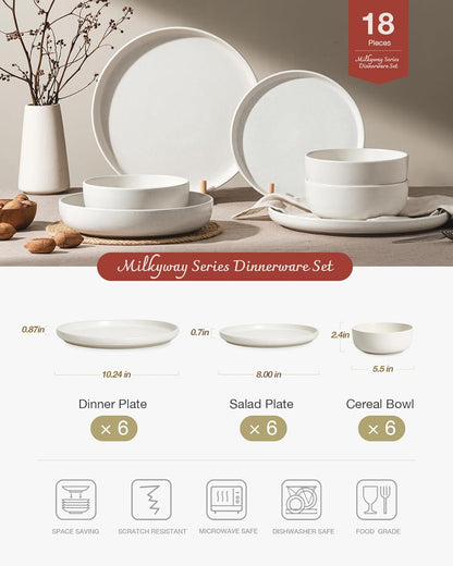 Famiware Milkyway Plates and Bowls Sets, 18 Pieces Dinnerware Sets, Reactive Glaze Dish Set, Stoneware Dishes Set for 6, Matte White