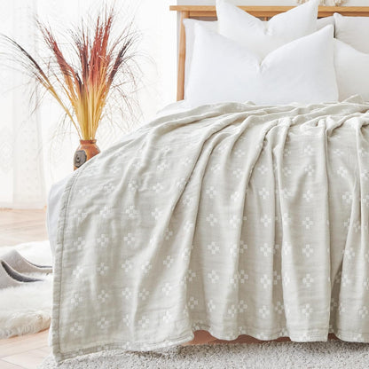 jinchan Boho 100% Cotton Blanket Muslin 50x60 Inches Lightweight 3-Layer Geometric Cross Pattern Reversible Quilt Throw Soft Breathable Comfy All Seasons for Couch Bed Decor, Light Grey