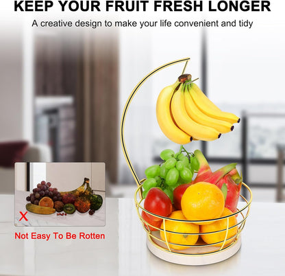 Livabber Countertop Fruit Basket Bowl with Banana Hanger, Modern Standing Fruit Vegetable Bowl Storage, with Banana Tree Holder for Kitchen Dinning Table (Round Marble, Gold)