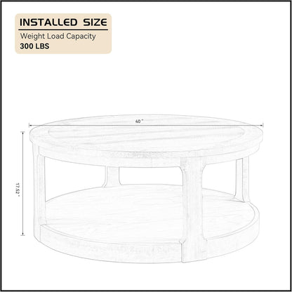 WILLIAMSPACE 40" Round Coffee Table with Wheels, Circle 2 Tier Solid Wood Center Coffee Table, Mid Century Retro Farmhouse Rounded End Table for Living Room Apartment, ø40 x 17.52" H (Dark Brown)