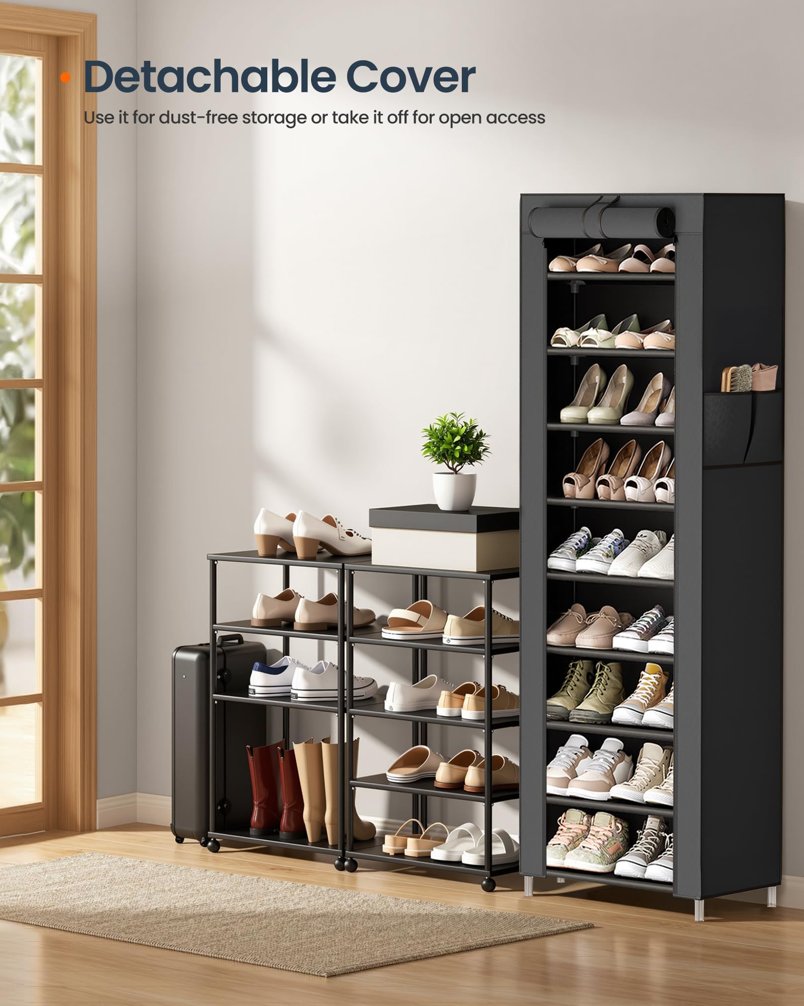 SONGMICS Home Shoe Rack 10-Tier, Tall Narrow Metal Shoe Organizer with Dust Cover, 11.2 x 19.1 x