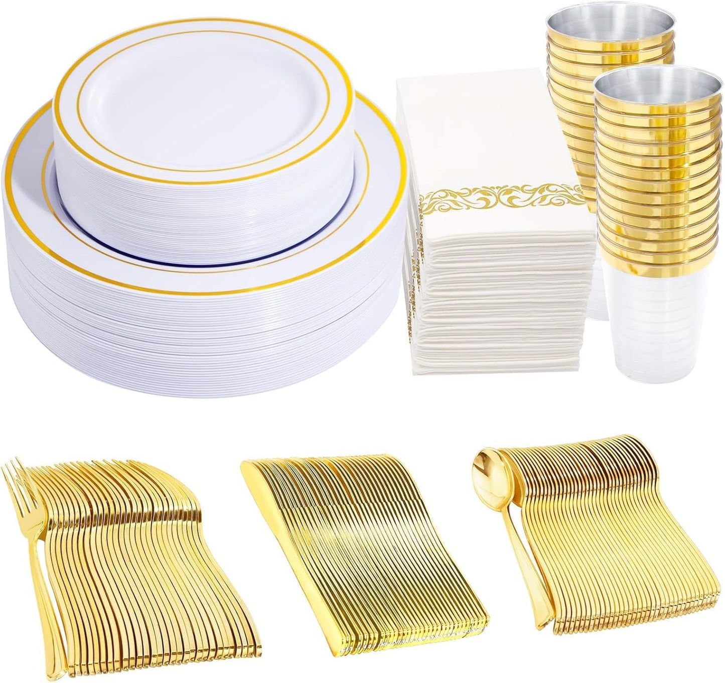 350 Pieces White and Gold Plastic Plates - 50 Guest Thanksgiving Dinnerware Set Include 100 Plates, 50 Plastic Silverware, 50 Napkins and 50 Cups for Thanksgiving