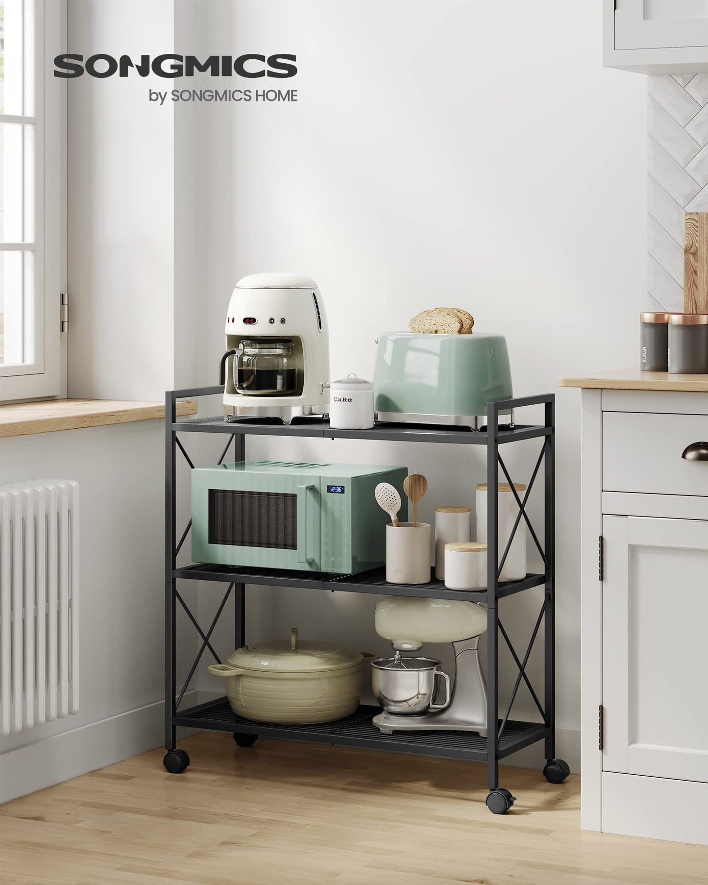 SONGMICS 3-Tier Metal Storage Rack with Wheels, Mesh Shelving Unit with X Side Frames, 31.5-Inch