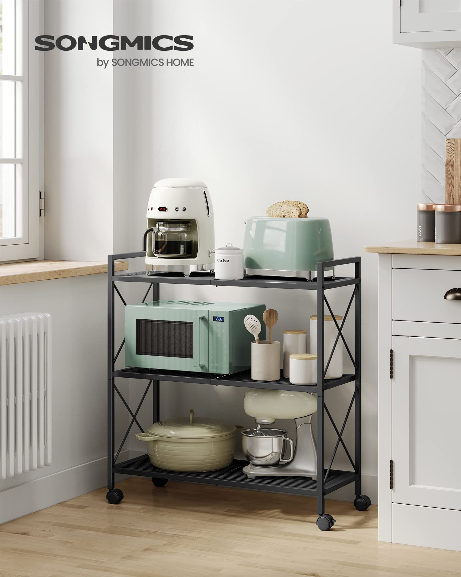 SONGMICS 3-Tier Metal Storage Rack with Wheels, Mesh Shelving Unit with X Side Frames, 31.5-Inch