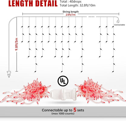 YOUNGAR 23FT 200 Icicle Christmas Lights, Waterproof Connectable Twinkle Fairy Lights for Indoor Outdoor Fireplace Wedding Decorations (Red)