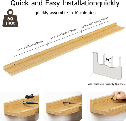 Floating Picture Ledge Shelves for Wall Set of 2, 72 Inches Picture Ledge Shelf with Long Large Nursery Book Shelf for Toys Storage Kids Bookshelf Wall Mounted Living Room Bedroom Decor Frames, Oak