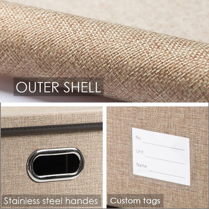 PRANDOM Storage Bins with Lids [3-Pack] Jute Fabric Foldable Storage Boxes Organizer Containers Baskets Cube with Cover for Home Bedroom Closet Office Nursery khaki（11.4X8.6X6.7