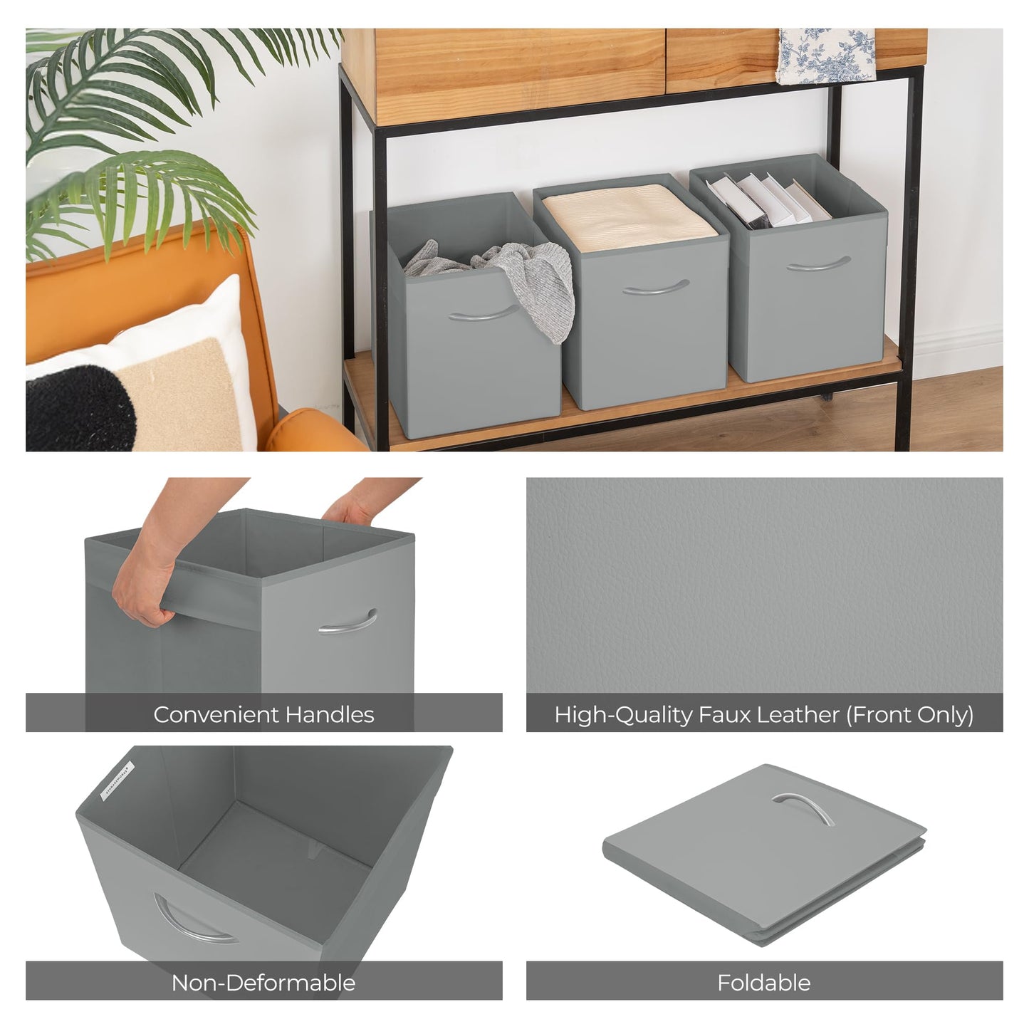 StorageWorks 11in Leather Storage Cubes, Collapsible Bins, Gray, 4-Pack