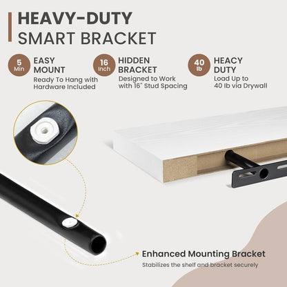 36 Inch Floating Shelves, 8 Inch Deep Floating Shelves for Wall, Hanging Shelf with Invisible Brackets, Deep Shelves for Bathroom, Bedroom, Living Room, White, Set of 2