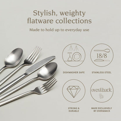 over&back 20pc Modern Flatware Cutlery Set - Comes with 4 Dinner Forks, 4 Salad Forks, 4 Dinner Knives, 4 Dinner Spoons, and 4 Teaspoons - 18/8 Stainless Steel - Dishwasher-Safe - Brushed Stainless