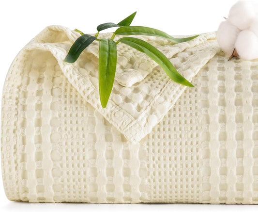 PHF Cooling Waffle Blanket King Size, Lightweight 60% Rayon Derived from Bamboo & 40& Cotton Breathable Blanket for Hot Sleepers, Soft and Luxury for Bed Couch and Sofa, 104"x90", Ivory