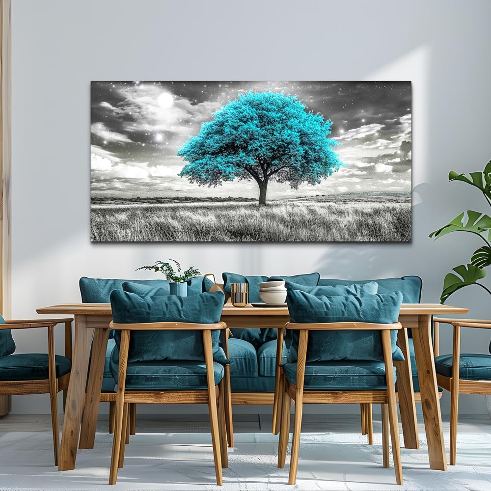 KELIYUAN Large Canvas Wall Art For Living Room Wall Decor For Bedroom Corridor Blue Tree Natural Scenery Full Of Stars Black And White Modern Printing Dining Room Kitchen Home Decoration 30 "X 60"