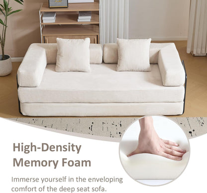 Convertible Sleeper Sofa Bed, Compression Folding Sofa with Pillow, No Assembly Required, Shape Frame, Floor Sofas Lounge Couch for Living Room, Bedroom, Small Spaces(Corduroy, 77''W, Off-white)