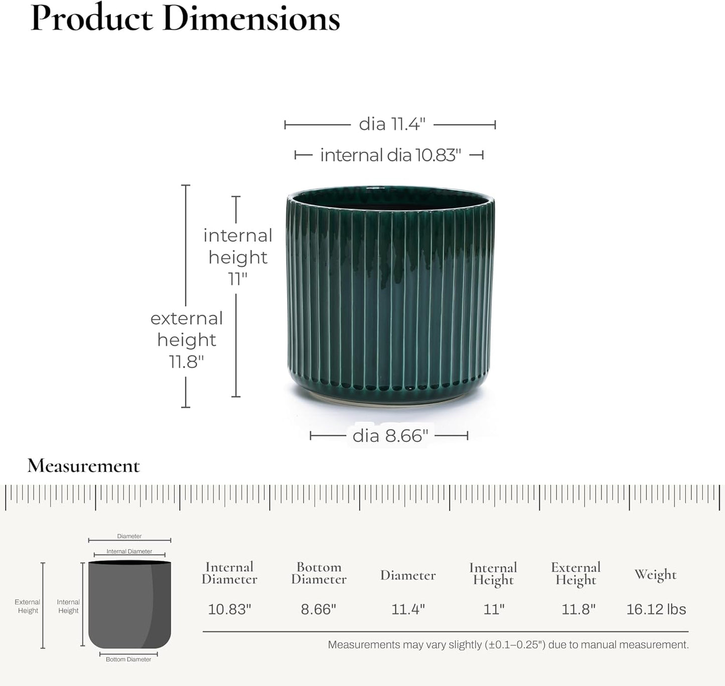 LuxenHome 11" Dia Jade Green Glazed Ceramic Planters, Large Outdoor Indoor Plant Pots with Drainage Hole and Rubber Plug, Modern Round Ribbed Flower Pots Planters for Home Garden Patio Office