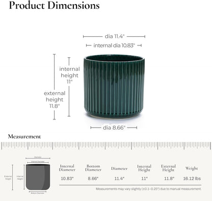 LuxenHome 11" Dia Jade Green Glazed Ceramic Planters, Large Outdoor Indoor Plant Pots with Drainage Hole and Rubber Plug, Modern Round Ribbed Flower Pots Planters for Home Garden Patio Office