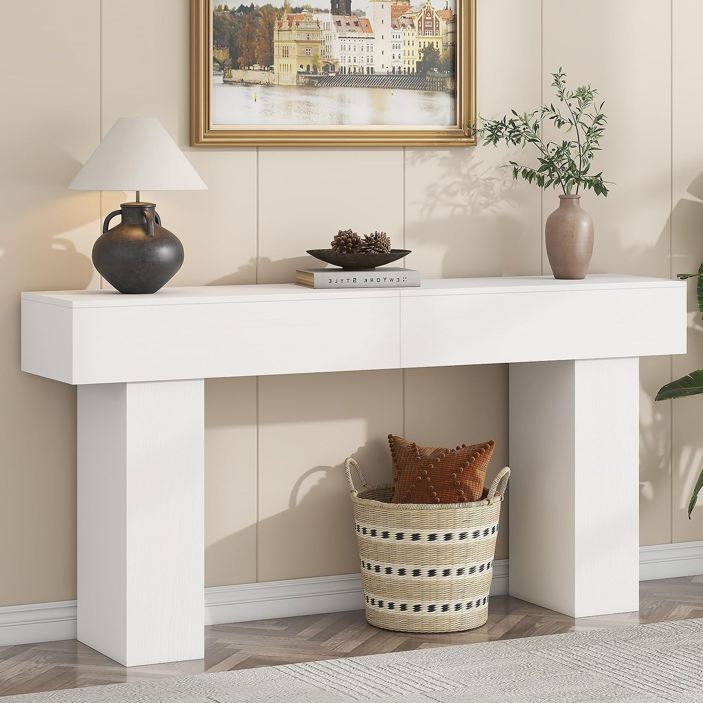 63 Inch Long Console Table for Entryway, Farmhouse Wood Rectangular Sofa Table Behind Couch Table, Narrow Entryway Table for Living Room, Entrance, Hallway, Foyer, Easy Assembly (Classic White)