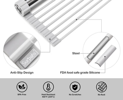 Surpahs Over Sink Foldable Multipurpose Roll-Up Dish Drying Rack, Silicone Wrapped Stainless Steel, Warm Gray, 20.5" x 13.1"