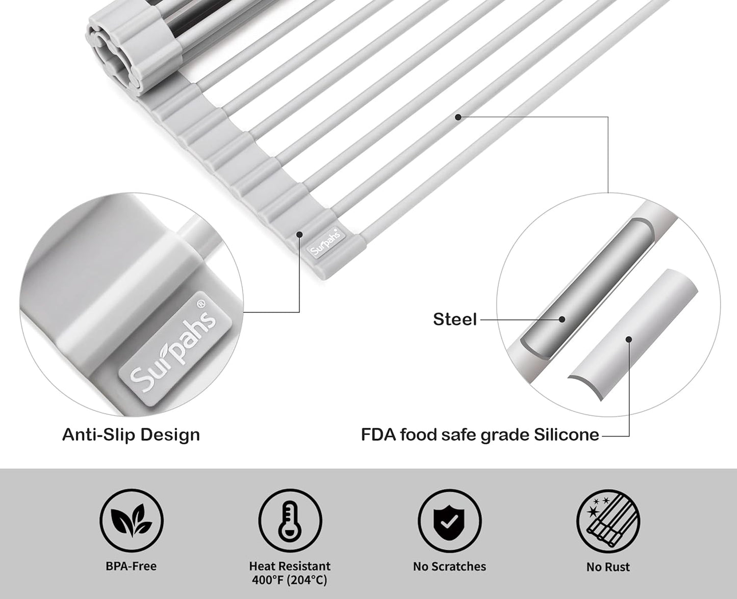 Surpahs Over Sink Foldable Multipurpose Roll-Up Dish Drying Rack, Silicone Wrapped Stainless Steel, Warm Gray, 20.5" x 15.5"