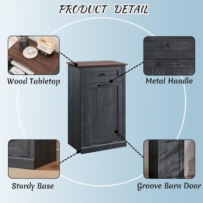 Tilt Out Laundry Hamper Cabinet, 10 Gallon Farmhouse Trash Can Cabinet with Drawer, Hidden Wood Garbage Can Bin Cabinet with Laundry Storage Basket for Bathroom, Kitchen, Dark Grey