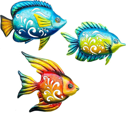 Weibefee Coastal Wall Decor, Ocean Sea Metal Fish Wall Decor, Hanging Wall Art Decoration for Indoor Outdoor, Beach Nautical Tropical Fish Wall Sculpture for Pool Bathroom Bedroom Patio