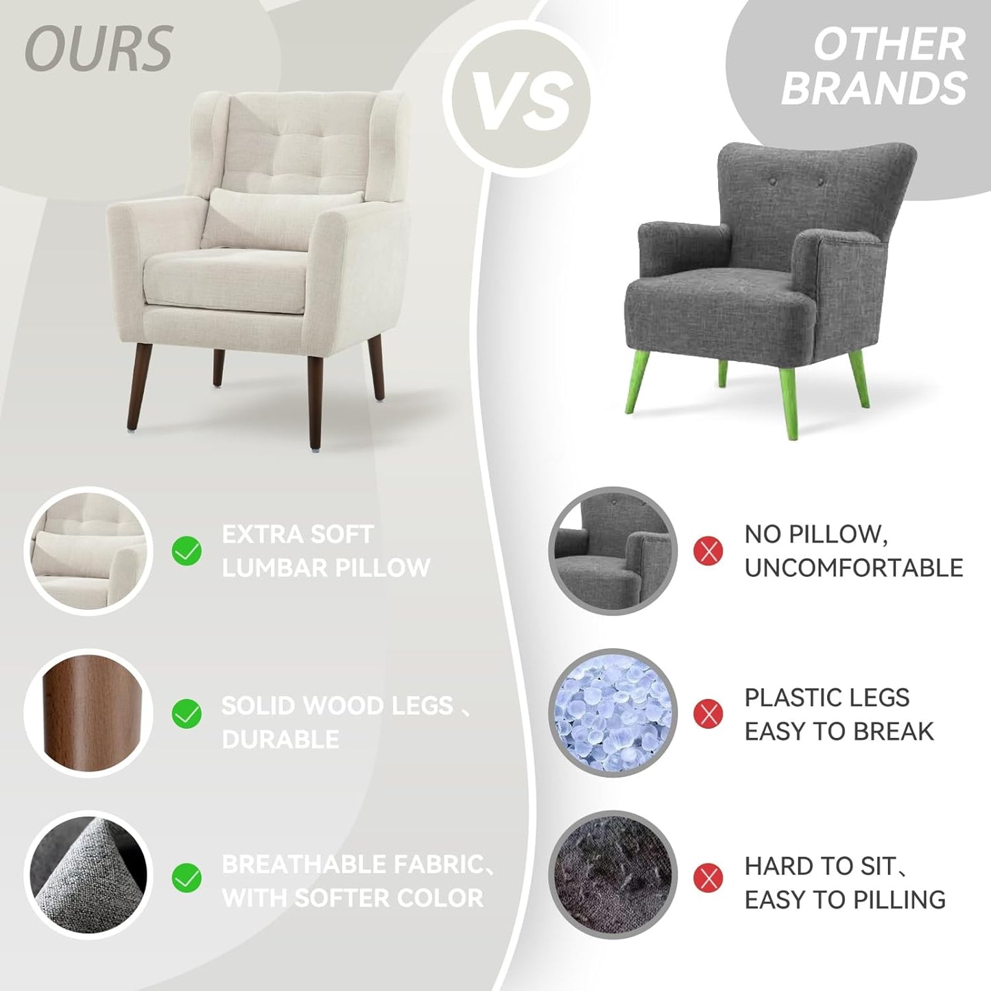 Modern Accent Chair, Upholstered Armchair with Pillow, Fabric Single Sofa Chair with Lounge Seat and Wood Legs Accent Chair for Living Room Bedroom Small Spaces (Beige, Set of 2)