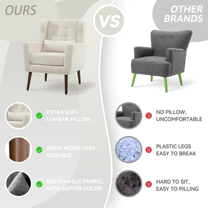 Modern Accent Chair, Upholstered Armchair with Pillow, Fabric Single Sofa Chair with Lounge Seat and Wood Legs Accent Chair for Living Room Bedroom Small Spaces (Beige, Set of 1)